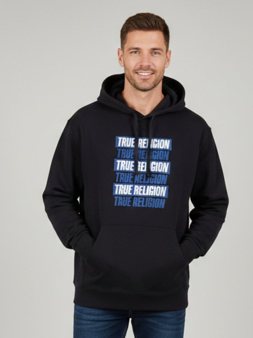 True Religion Hoodie Mens Size 2XL Black with Blue Logo Print Pockets Sweatshirt